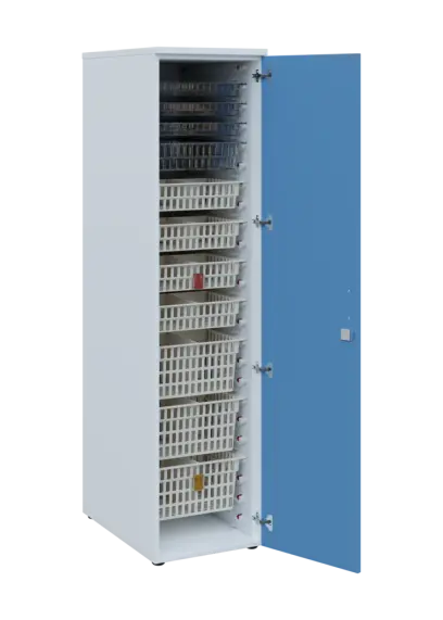 EUROMEDICA D - 46 skříň léková boxová, 1-dveřová, pravá, 1950x460x735, korpus bílý, dvířka pastelově modrá